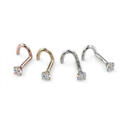 2.5mm diamond twist nose stud in rose gold, yellow gold, white gold, and platinum side by side