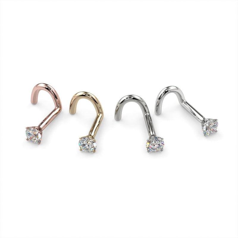 2.5mm diamond twist nose stud in rose gold, yellow gold, white gold, and platinum side by side