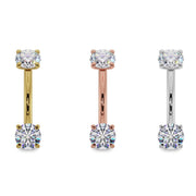 14G diamond curved barbell in all three 14k gold colors: yellow, rose, and white, side by side