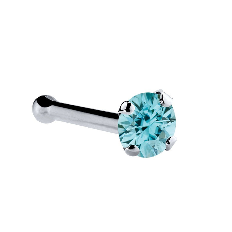 Platinum bone nose ring with 1.5mm genuine blue zircon in four-prong setting, ball end