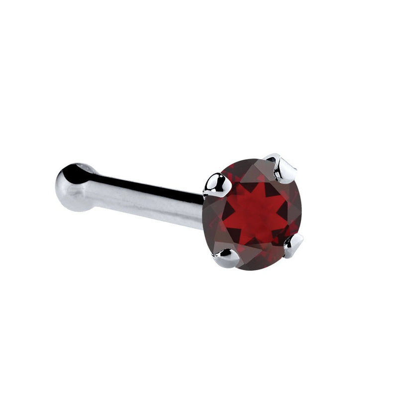 Platinum garnet nose bone with 1.5mm tiny red garnet in four-prong setting, side view