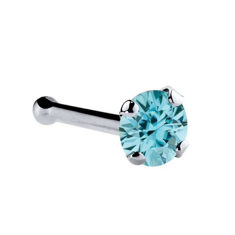 Platinum bone nose ring with 2mm genuine blue zircon, standard size with ball end backing