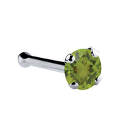 Platinum peridot nose bone with 2mm genuine green stone in four-prong setting, side view