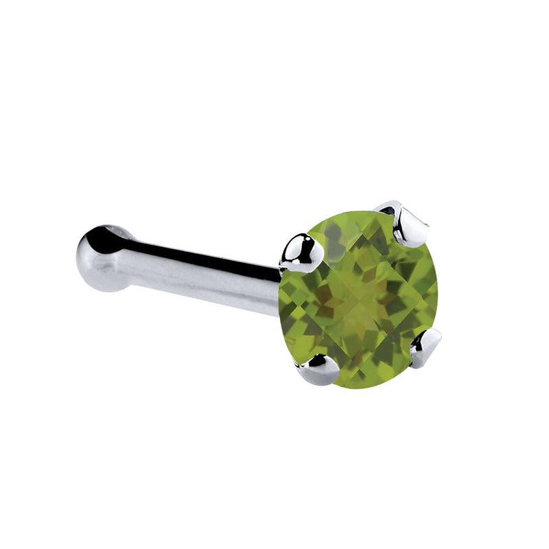Platinum peridot nose bone with 2mm genuine green stone in four-prong setting, side view