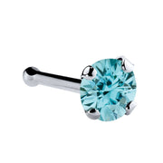 Platinum bone nose ring with 3mm genuine blue zircon, large stone four-prong ball end