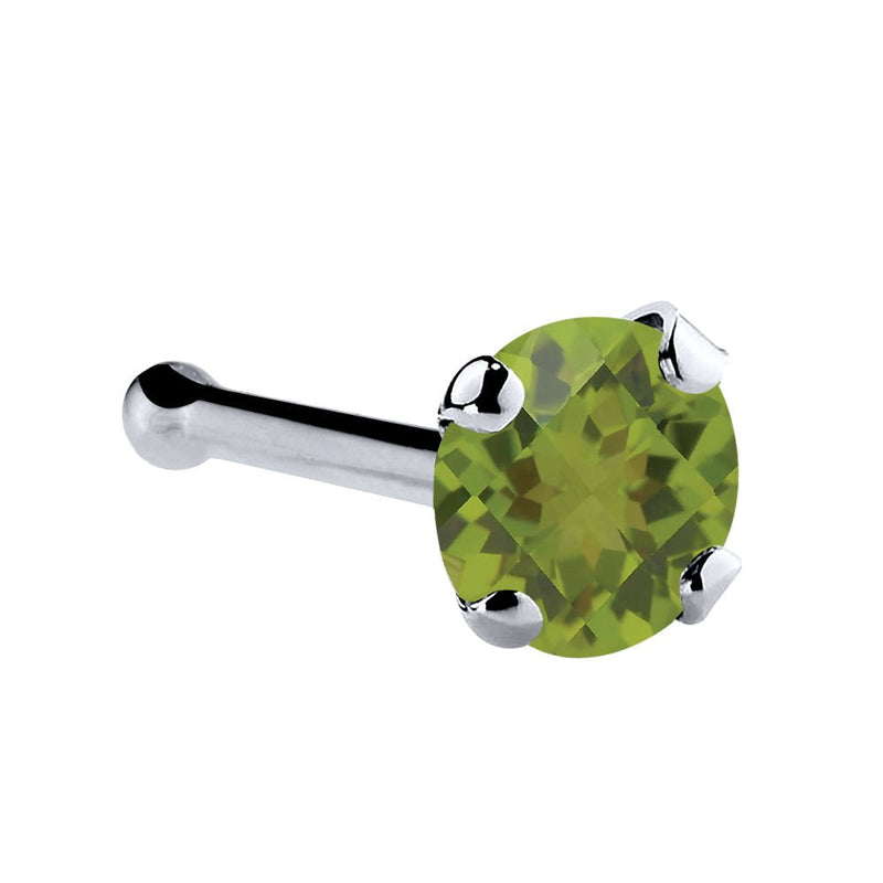 Platinum peridot nose bone with 3mm large genuine green stone, prong-set side view