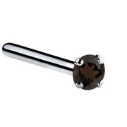 Platinum smokey quartz straight pin post nose ring with 1.5mm tiny brown stone, side view