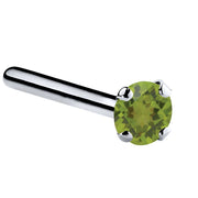 Platinum peridot straight pin nose ring with 2mm genuine green stone in four-prong setting