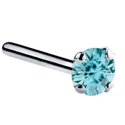 Platinum straight pin nose ring with 3mm genuine blue zircon, large stone flat post style