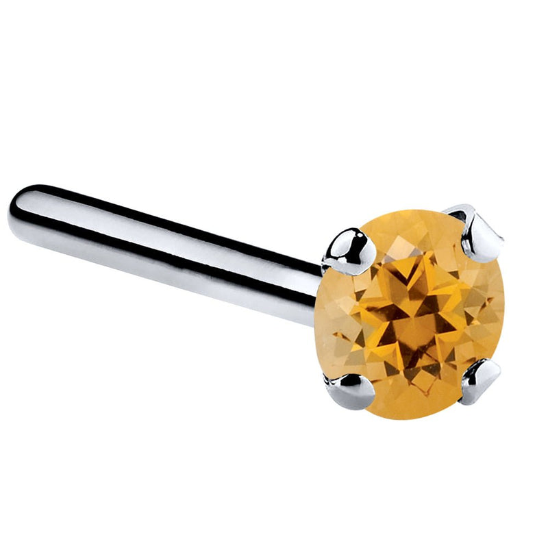 Platinum citrine straight pin nose stud, 3mm large orange stone on polished platinum post
