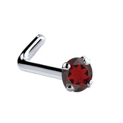Platinum garnet L-shape nose ring with 2mm round red garnet in four-prong setting, side view