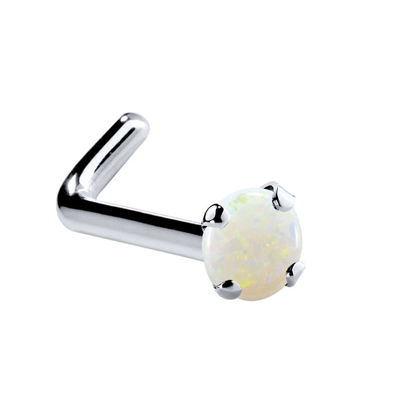 Platinum genuine opal L-shape nose ring, 2mm opal cabochon in four-prong platinum setting