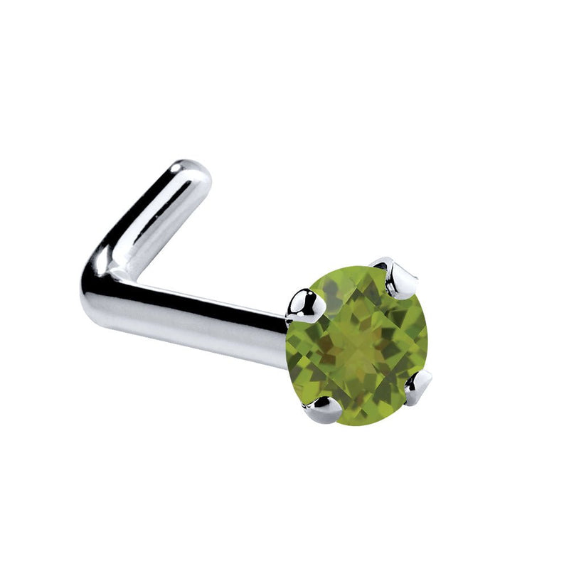 Platinum peridot L-shape nose ring with 2mm genuine green stone and right-angle post, side view