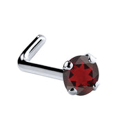 Platinum garnet L-shape nose ring with 3mm large genuine red garnet in four-prong setting