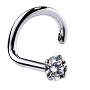 1.7mm CZ nose ring stud in 14k white gold with twist backing, prong-set clear stone