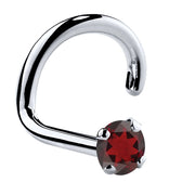 Platinum garnet nose ring twist style with 1.5mm tiny red garnet in four-prong setting