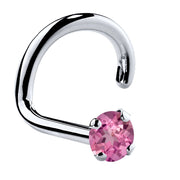 Platinum pink tourmaline twist nose ring with 1.5mm tiny genuine stone in four-prong setting