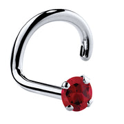 Platinum genuine ruby twist nose ring with 1.5mm tiny red stone in prong setting, angled side view
