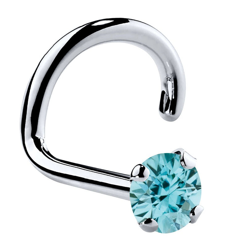 Platinum twist nose ring with 2mm genuine blue zircon, standard size prong setting