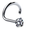 14k white gold CZ nose ring twist style, angled view showing spiral post and 2mm prong-set stone