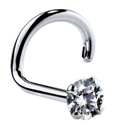 14k white gold CZ nose ring twist style, angled view showing spiral post and 2mm prong-set stone