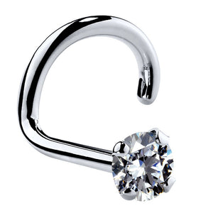 14k white gold CZ nose ring twist style, angled view showing spiral post and 2mm prong-set stone