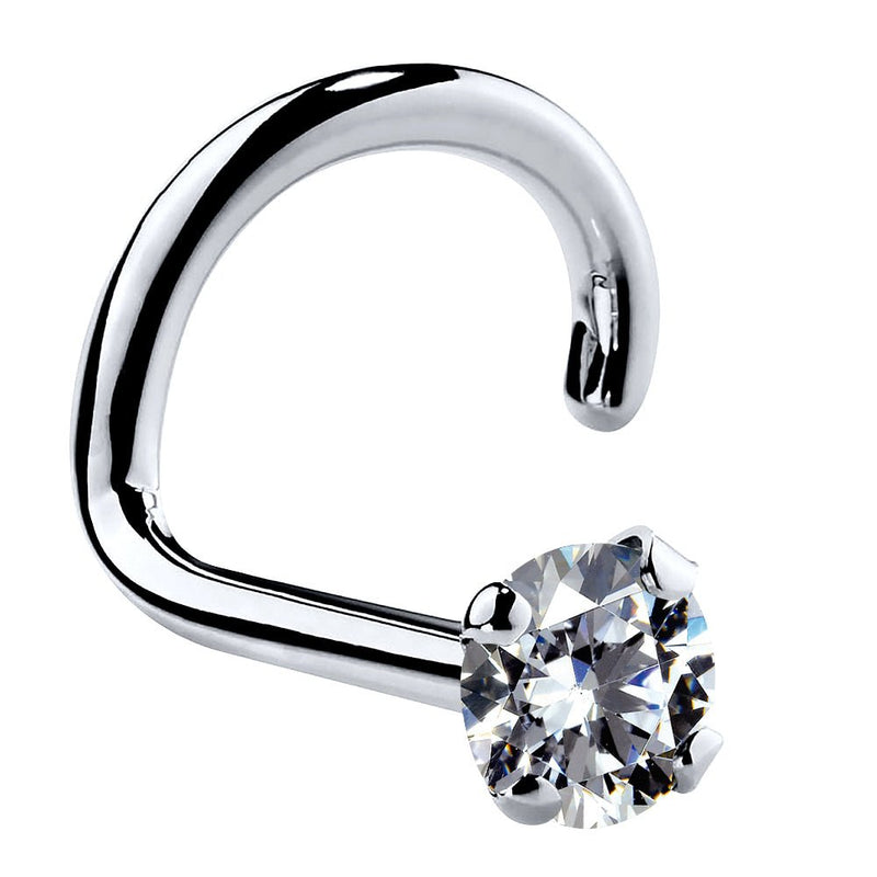 14k white gold CZ nose ring twist style, angled view showing spiral post and 2mm prong-set stone