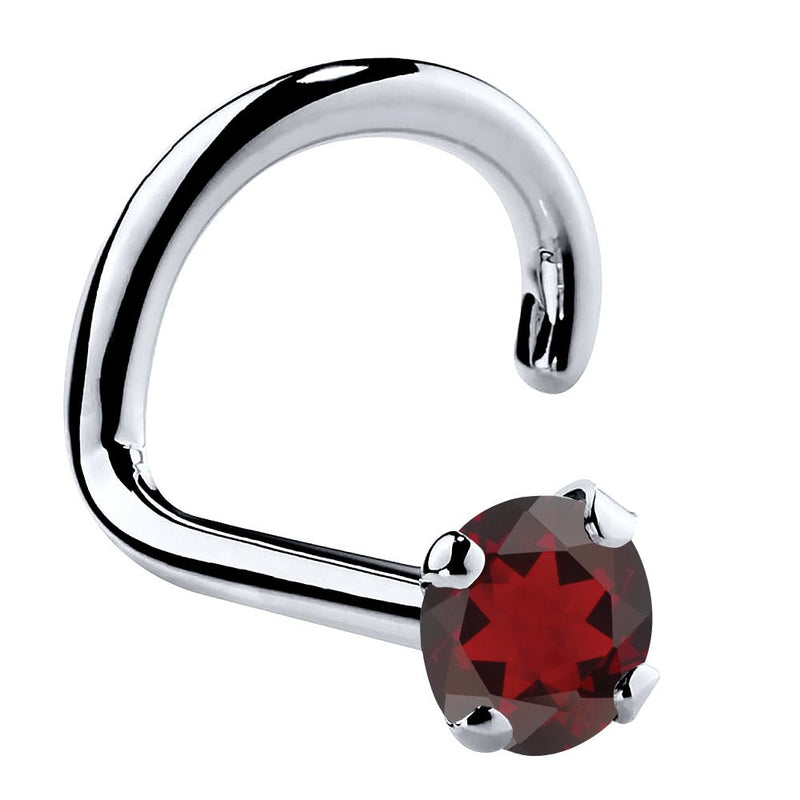 Platinum garnet nose ring twist style with 2mm standard round red garnet, angled view