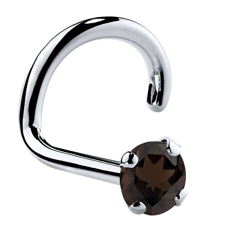 Platinum smokey quartz twist nose ring with 2mm standard round brown stone, side profile
