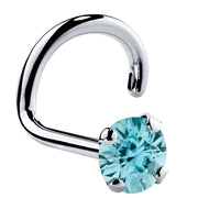 Platinum twist nose ring with 3mm genuine blue zircon, large stone four-prong setting