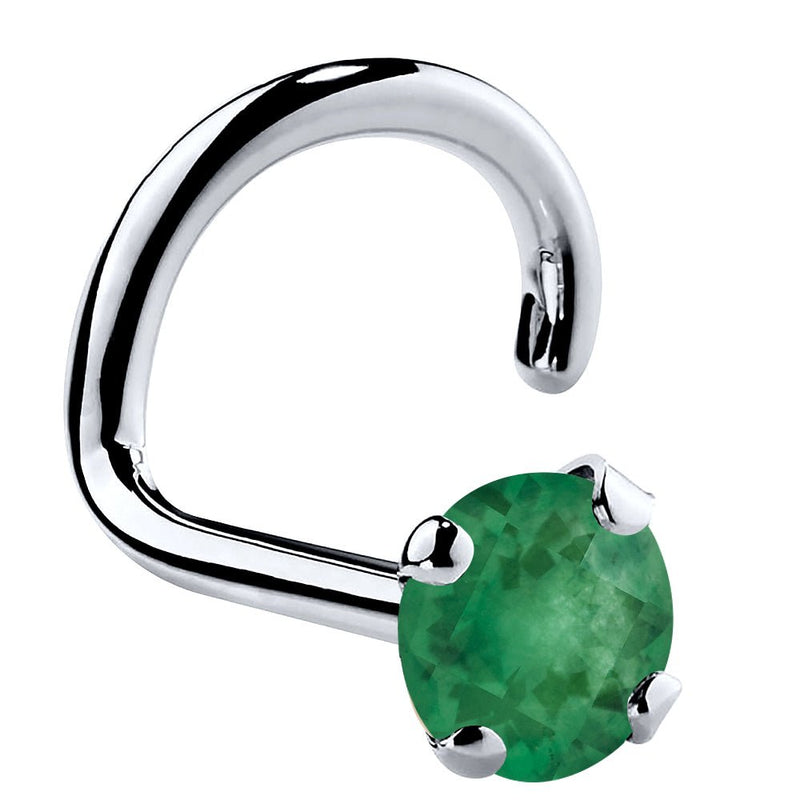 Platinum genuine emerald twist nose ring with large 3mm prong-set green emerald stone