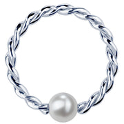 14K white gold twisted captive bead ring with cultured pearl, front view on white background