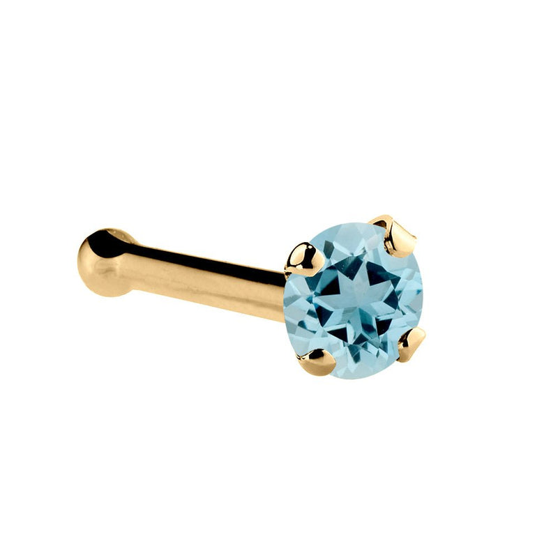 14K yellow gold aquamarine nose bone with 1.5mm tiny blue stone and ball-end post