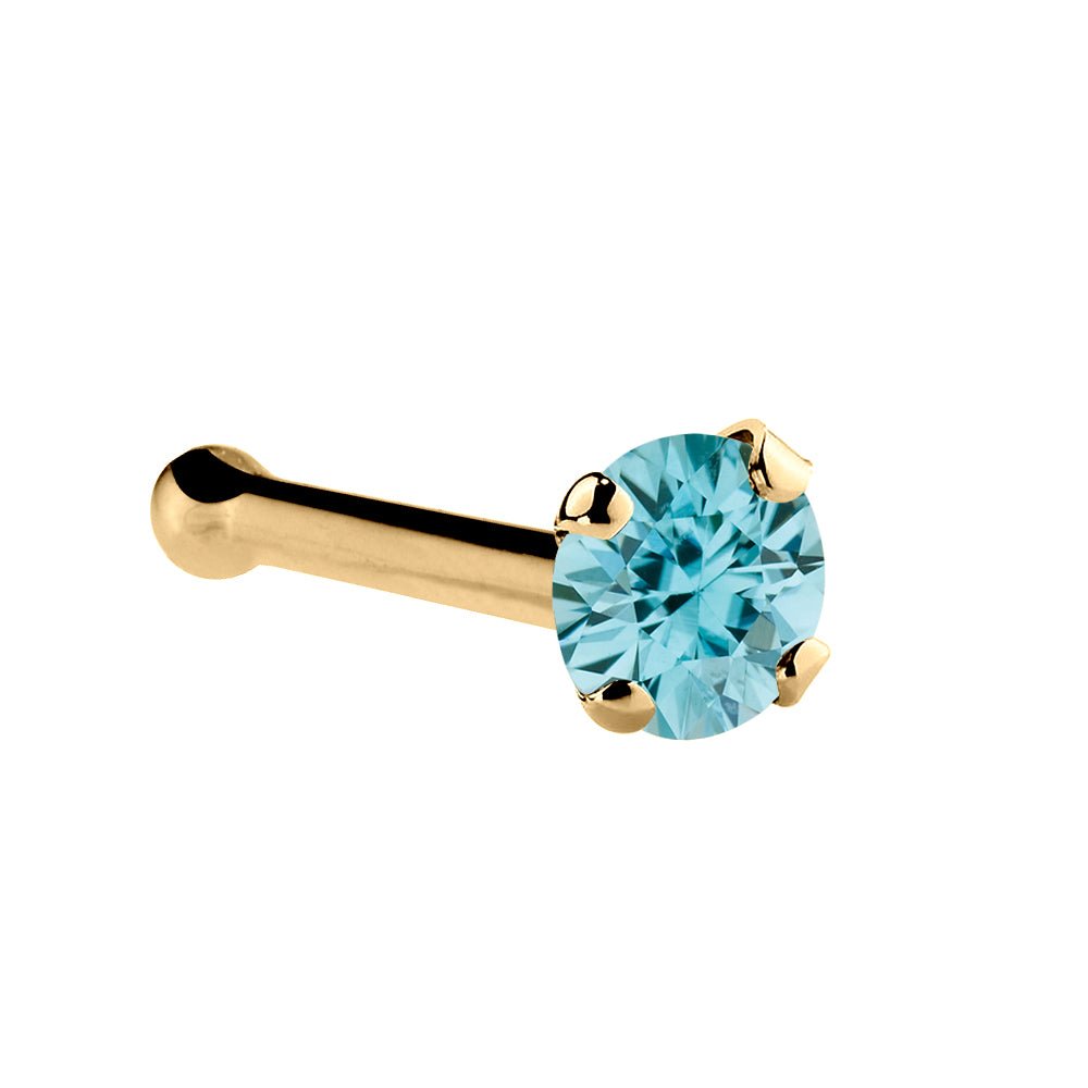 Genuine Blue Zircon 14K Gold Nose Ring-14K Yellow Gold   Bone   1.5mm (tiny)