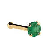 14K yellow gold genuine emerald nose bone with ball end and small 1.5mm prong-set emerald