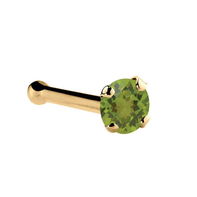 14K yellow gold peridot nose bone with 1.5mm genuine green stone and ball-end post