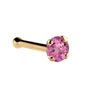 14K yellow gold pink tourmaline bone nose ring, 1.5mm tiny stone with ball end, side view