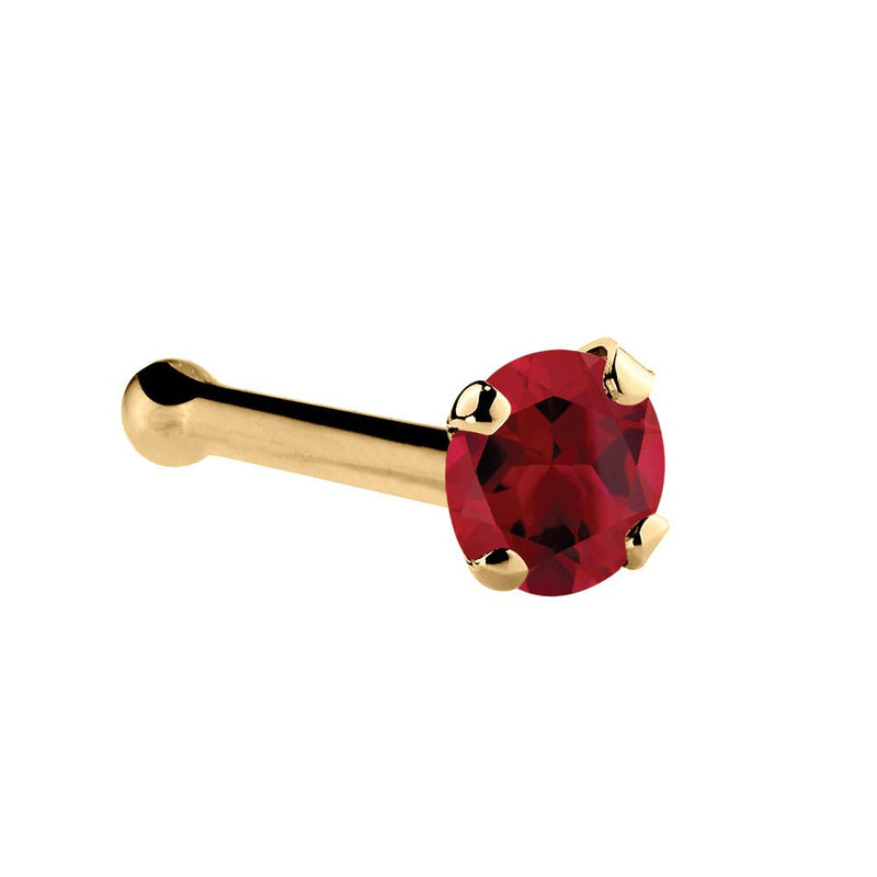 14K yellow gold genuine ruby nose bone with 1.5mm tiny red stone and ball-end post, side view