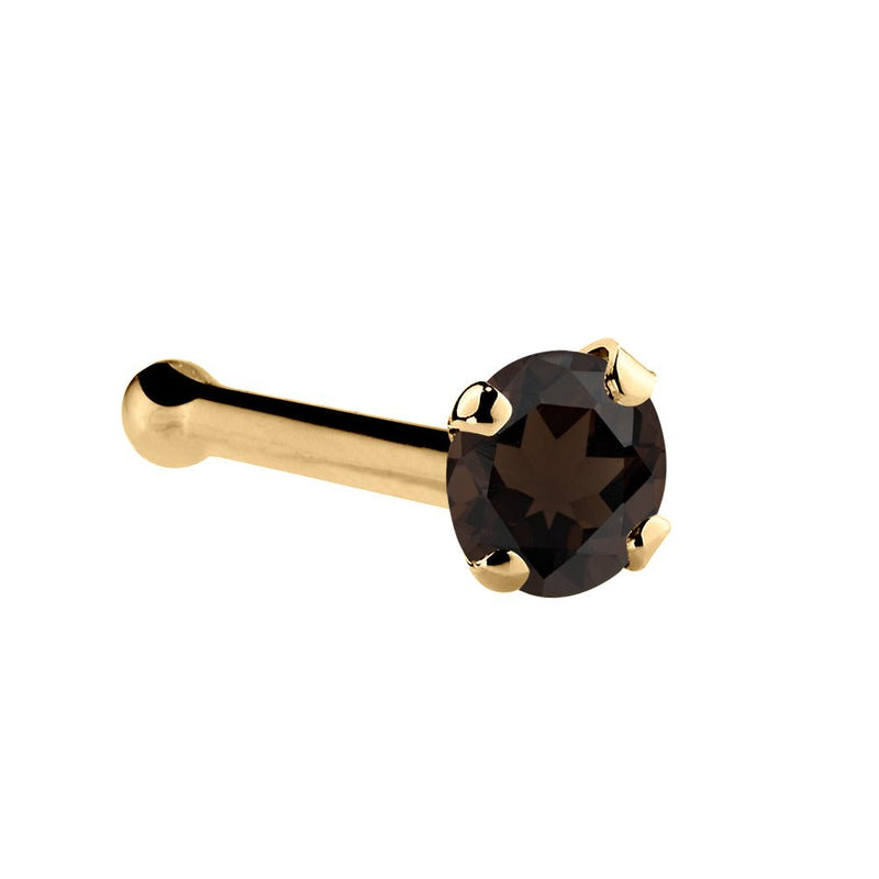 14K yellow gold smokey quartz nose bone with 1.5mm tiny brown stone and ball end, side view