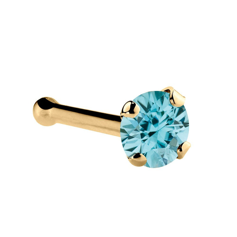 14K yellow gold bone nose ring with 2mm genuine blue zircon, standard size with ball end