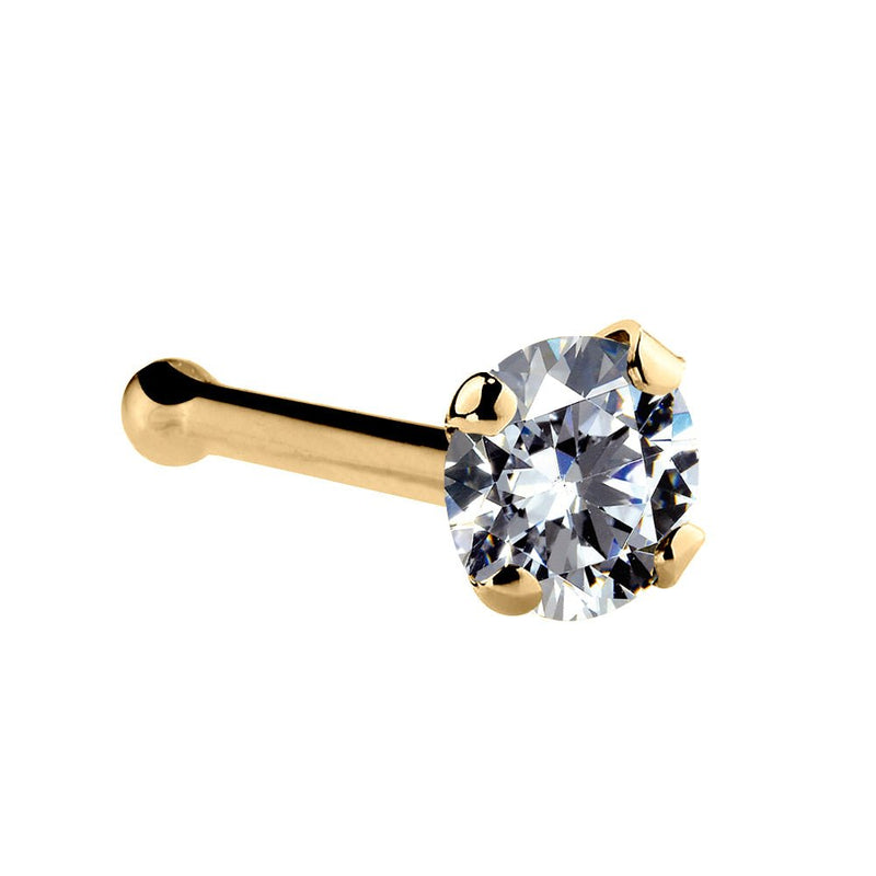 14k yellow gold CZ nose bone stud with ball end post and 2mm round CZ in 4-prong setting, angled view