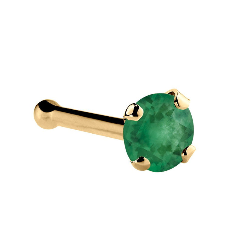 14K yellow gold genuine emerald nose bone with standard 2mm prong-set green emerald and ball end