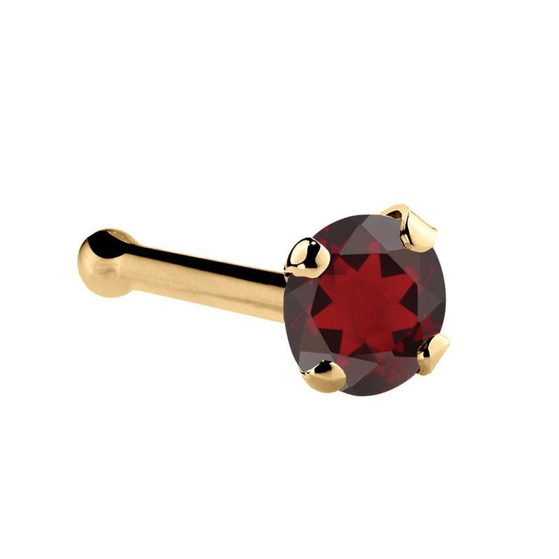 14K yellow gold garnet nose bone with 2mm standard round red garnet in four-prong setting