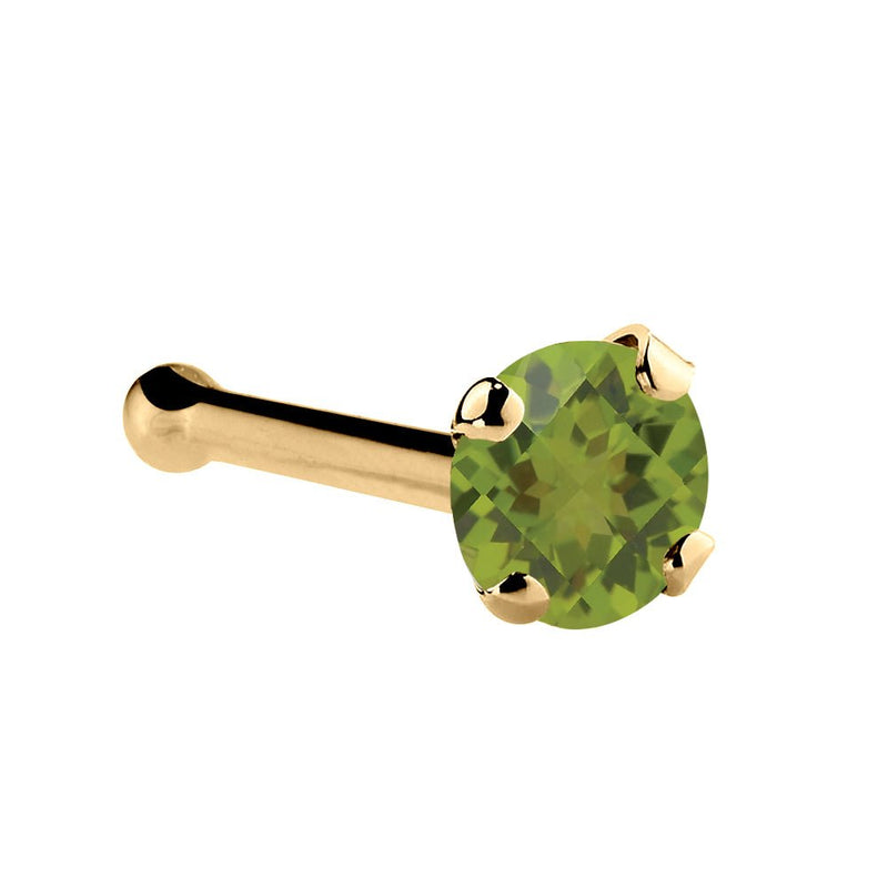14K yellow gold peridot nose bone with 2mm genuine green stone in four-prong setting