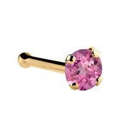 14K yellow gold pink tourmaline bone nose ring with 2mm standard genuine stone and ball end tip