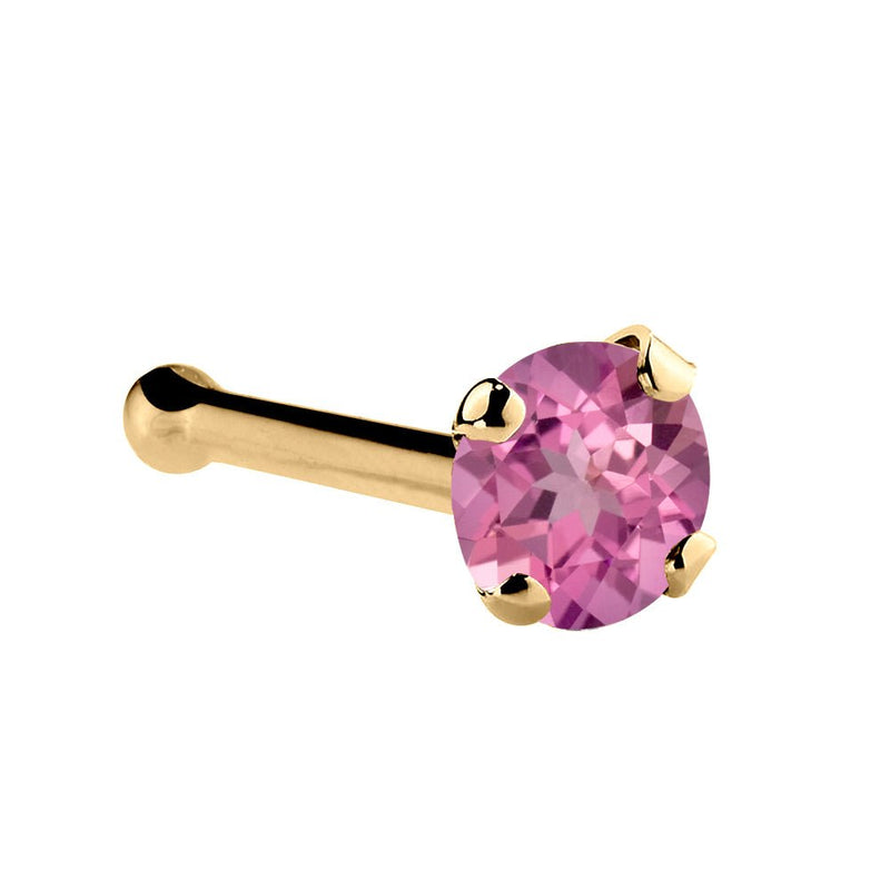 14K yellow gold pink tourmaline bone nose ring with 2mm standard genuine stone and ball end tip