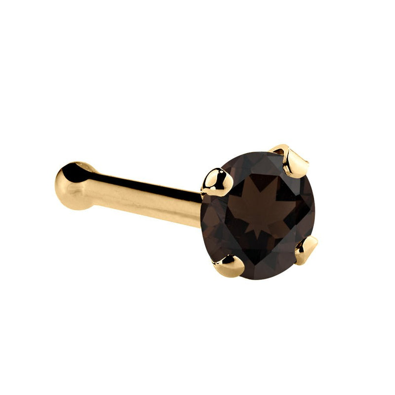 14K yellow gold smokey quartz nose bone with 2mm standard round brown stone in prong setting