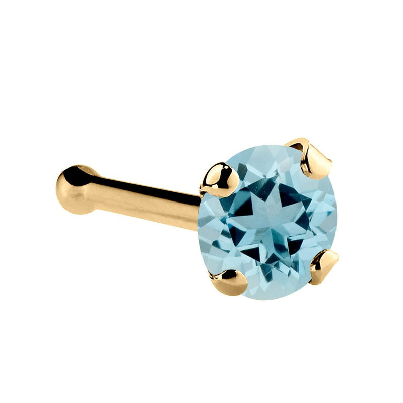 14K yellow gold aquamarine nose bone with 3mm large blue stone and ball-end post