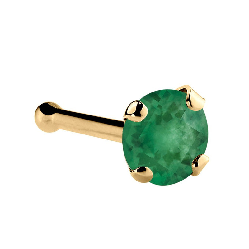 14K yellow gold genuine emerald nose bone with large 3mm prong-set green emerald and ball tip