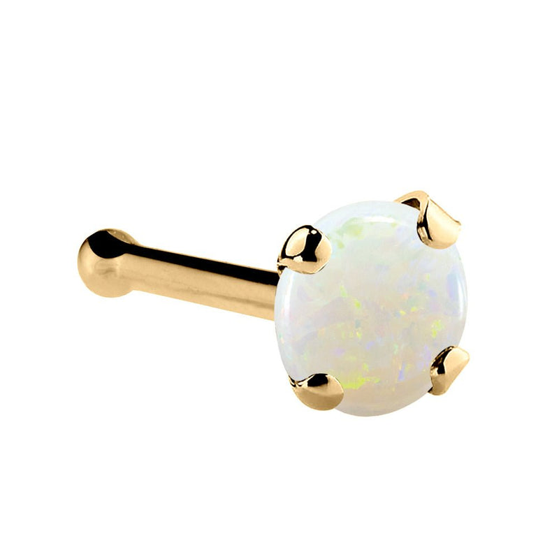 14K yellow gold genuine opal nose bone, 3mm large opal cabochon with gold ball-end post